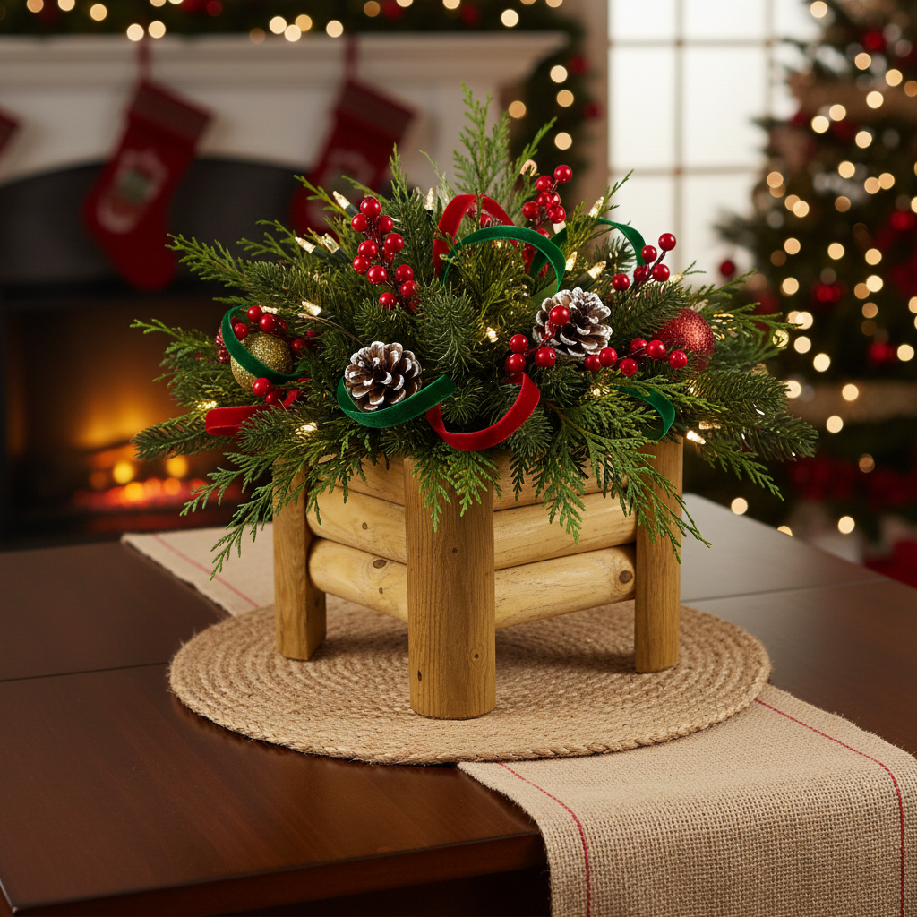 donica drewniana świątecznie ustrojona